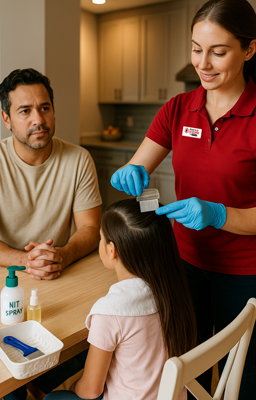 Parent receiving lice-prevention coaching at home