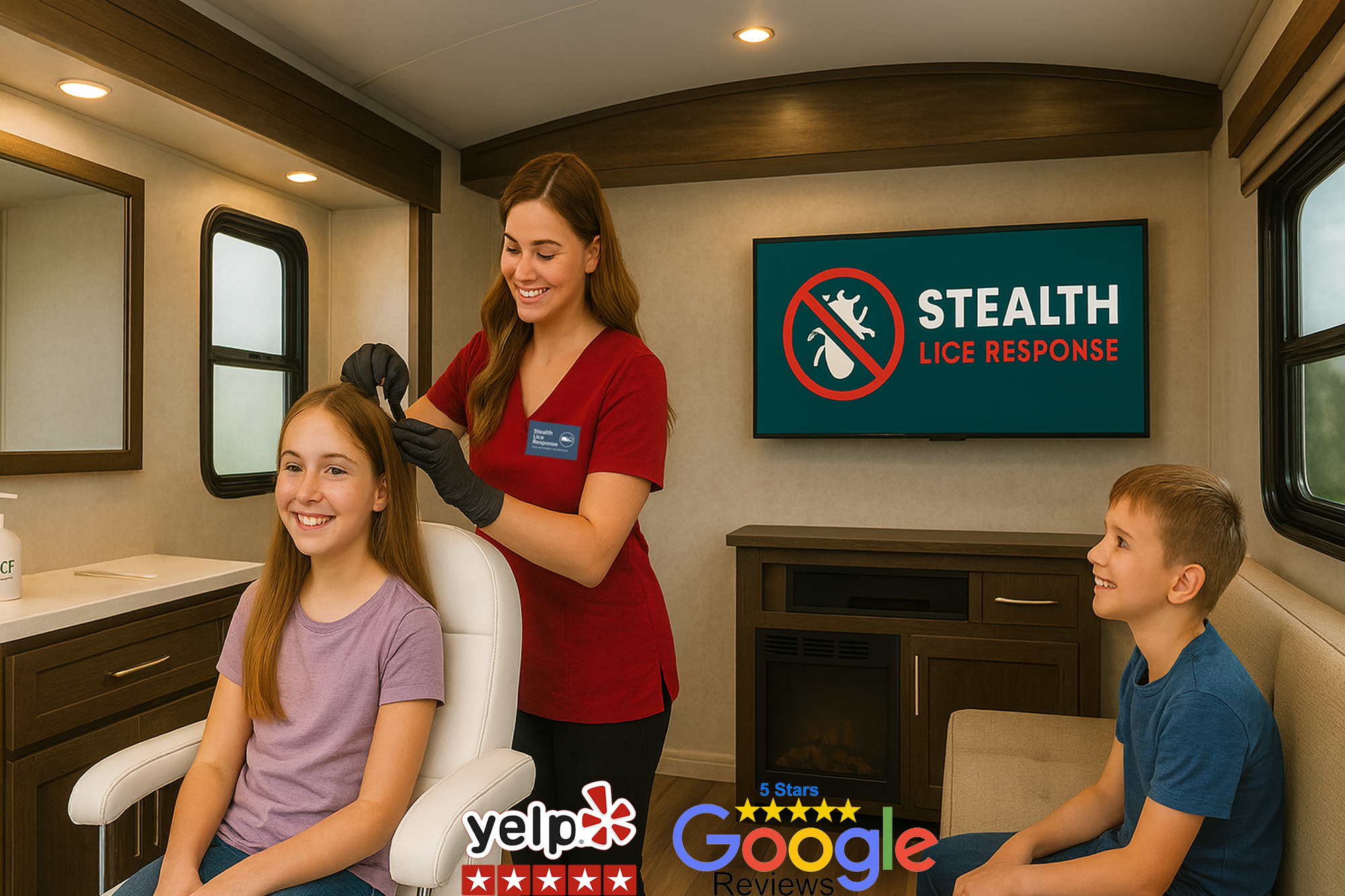 Temecula Mobile Lice Removal Salon Bus Lice Technician Removing Lice inside Mobile Salon Bus